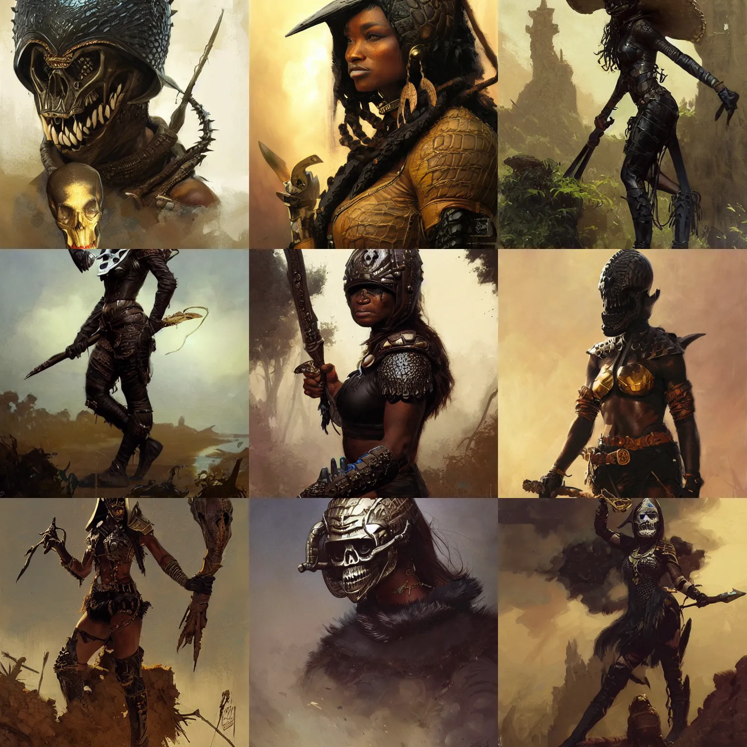 Prompt: a black huntress wearing a crocodile skull as a helmet, fantasy character portrait by Greg Rutkowski, Craig Mullins, Gaston Bussiere