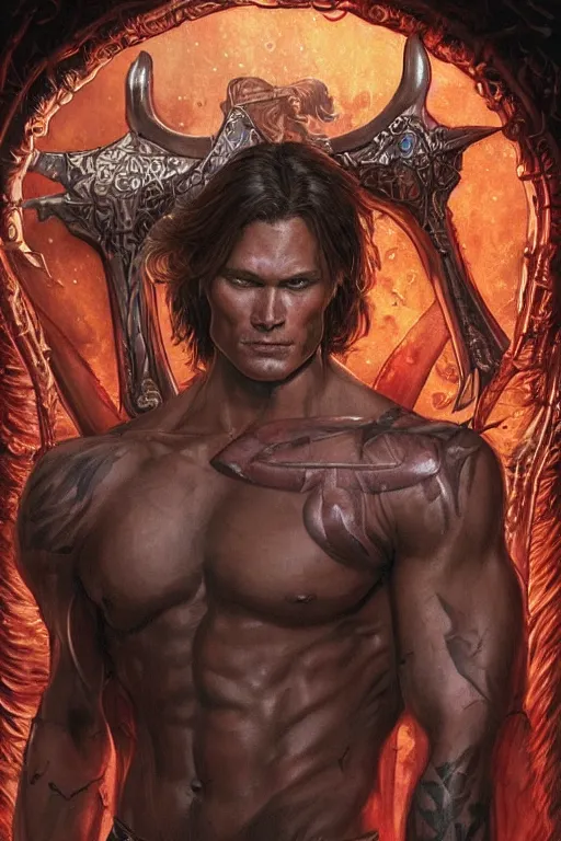 Image similar to muscular Sam Winchester with religious tattoos all over him, as a Spellcaster, holding a book with glowing runes on the cover, D&D dark fantasy style, sharp focus, ultra detailed, art by Artgerm and Peter Andrew Jones, Karol Bak, Ayami Kojima, Amano and Olivier Ledroit