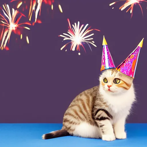 Image similar to a photo of a very cute cat wearing a birthday party hat, studio portrait, back background with fireworks. portrait.