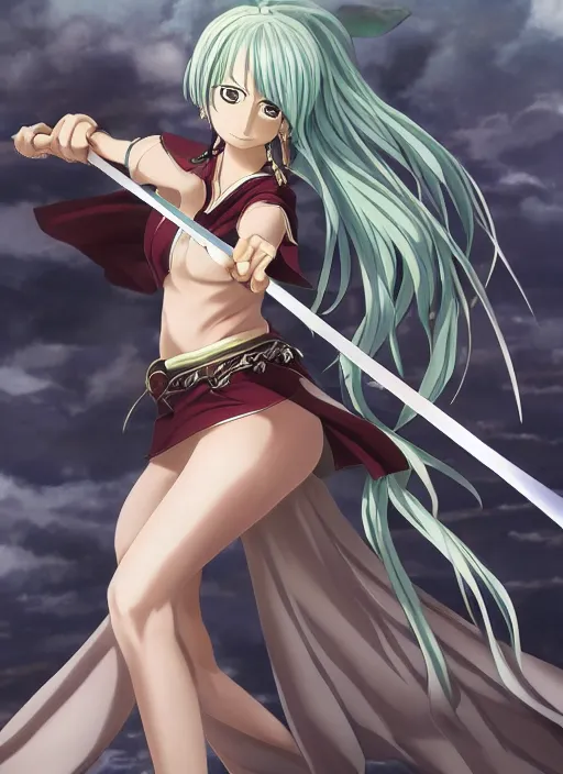 Image similar to a full body character design of a beautiful anime girl in a pose wielding a sword, Digital 2D, highly detailed, sharp focus, smooth, cinematic, art by Eiichiro Oda