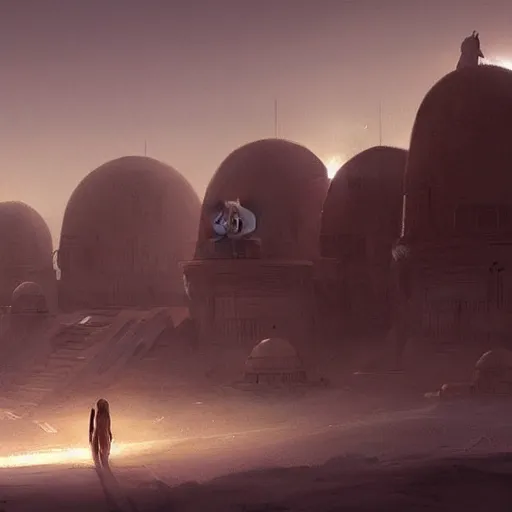 Prompt: star wars concept art of tatooine by greg rutkowski, cinematic lighting, evening light, nostalgic atmosphere.