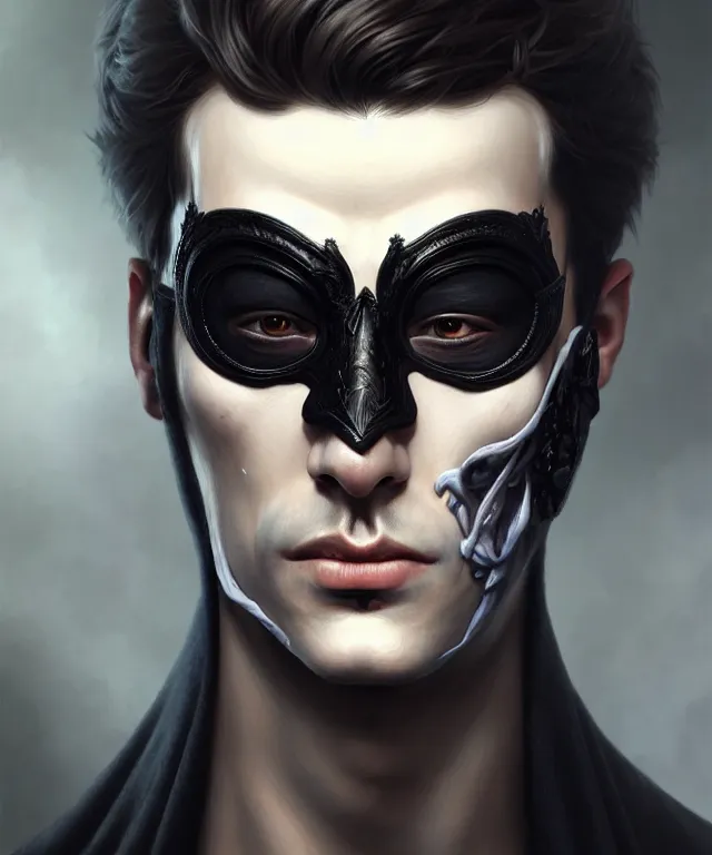 Image similar to european young man wearing black mask, beautiful face, highly detailed face!!!, true anatomy!, extremely detailed!, digital painting, unreal engine 5, art by tom bagshaw