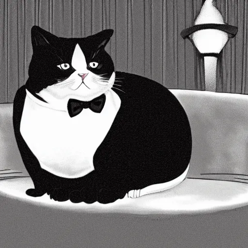 Prompt: photograph of a very fat and judgmental cat wearing a full tuxedo sitting in a dimly lit parlor lounge