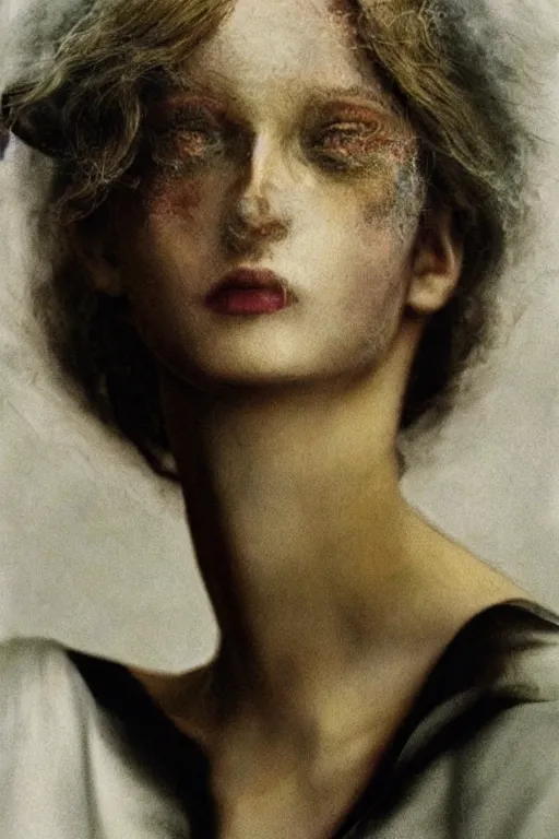 Image similar to hyperrealism fashion portrait close-up by Roversi photo from The Holy Mountain by Alejandro Jodorowsky in style of Francisco Goya