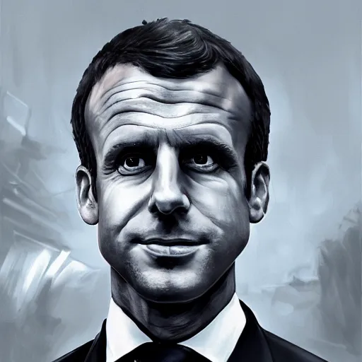 Image similar to digital art portrait of emmanuel macron with robot ears falling in the sun, 4k, sharp focus, Andreas Rocha