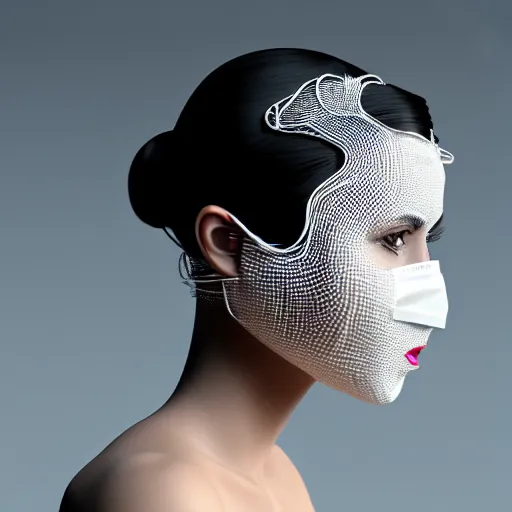 Image similar to ultra detailed woman wearing a white mask with black wires on her head, featured on behance, net art, made of wire, 1 0 mm lens, elegant, hyper realistic, ultra detailed, hyper realistic vfx simulation, volumetric lighting, 8 k post - production