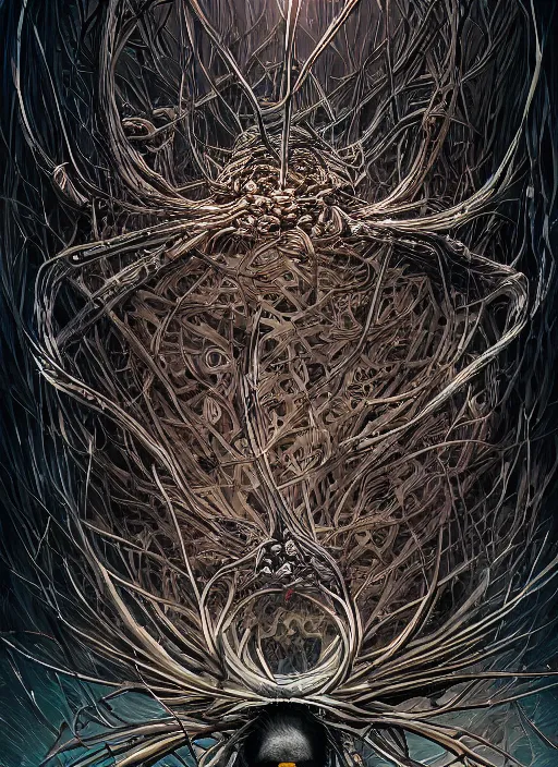 Image similar to nest on human head, open mouth, cruelty, pain, black crows, light effect, hyper detailed, intricate, elegant, highly detailed, digital painting, artstation, concept art, matte, sharp focus, illustration, by dan mumford, yusuke murata, makoto shinkai, ross tran