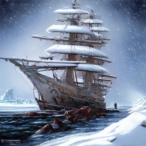 Prompt: a victorian era exploration frigate lost in the arctic in a snowstorm art by artgerm and Todd Shorr, featured on artstation