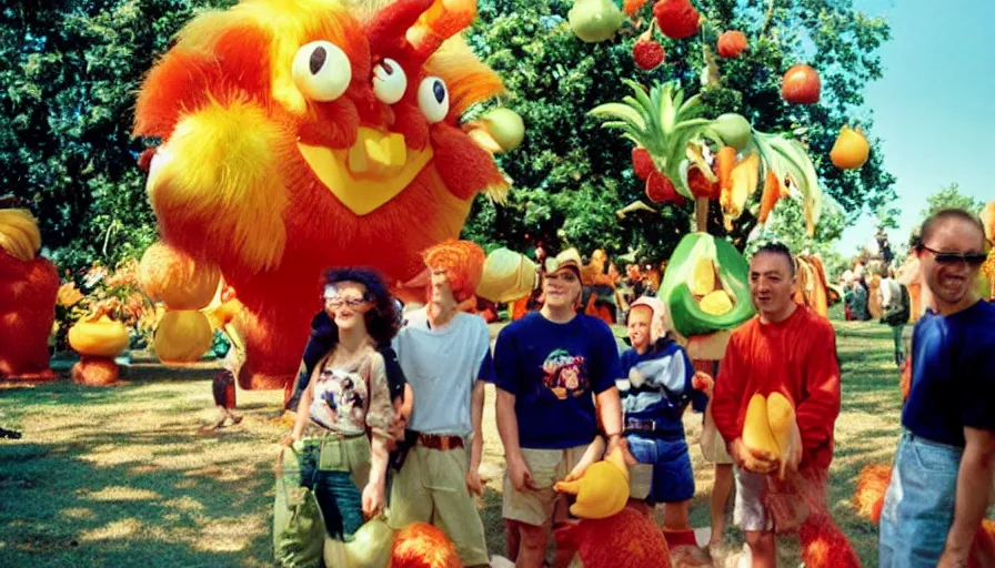 Image similar to 1990s candid photo of a beautiful day at the park, cinematic lighting, cinematic look, golden hour, costumed fruit mascot people coming out of an energy portal, Enormous personified fruit people with outstandingly happy faces coming out of a space portal and talking to families, UHD