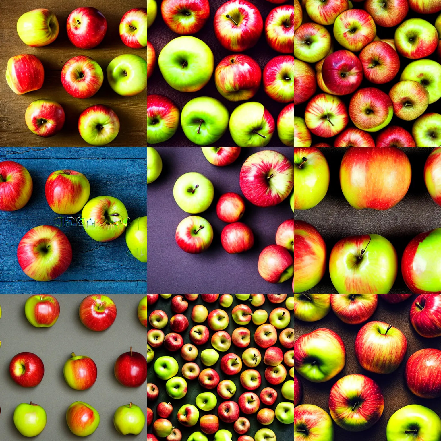 Prompt: apples arranged into bitcoin, real photo, top down view