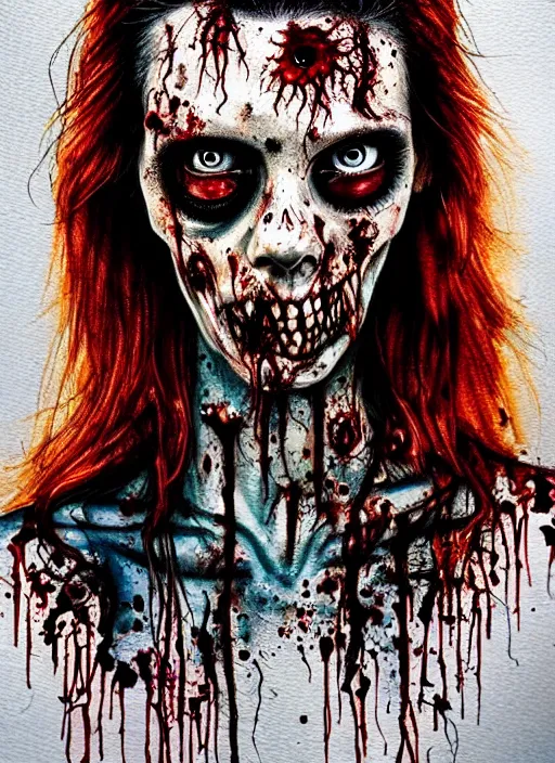 Image similar to zombie hollywood professional acting headshot, hyperrealism, intricate detailed, studio lighting, charming expression gesicht, watercolor art, drawn and painted, colored layers, dulled contrast, exquisite fine art