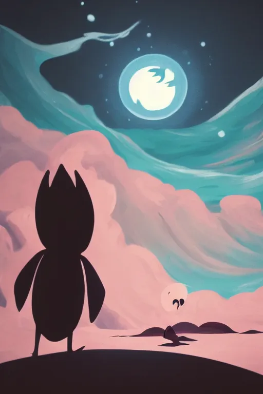 Prompt: creature looking at the sea with a red moon reflecting in the waves, night, low angle, in the style of Hollow Knight