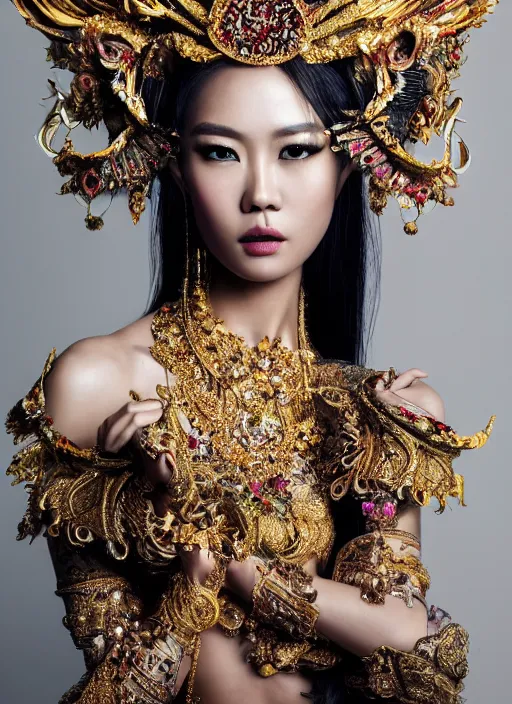 Prompt: expressive full body photo of a thai female model, ornate headpiece made from flowers, ornaments, glamour shot, by karol bak, by stefan gesell, photorealistic, canon r 3, fashion photography, hyper maximalist, elegant, ornate, luxury, elite, environmental portrait, symmetrical features, octane render, unreal engine, solid dark grey background, dramatic lights