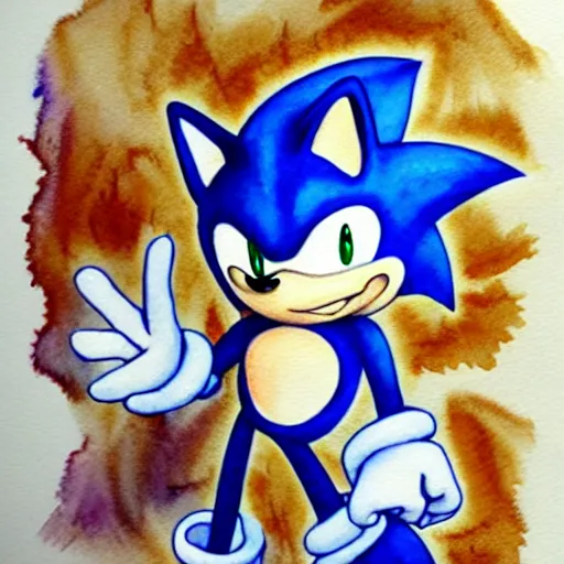 Image similar to a watercolor sonic the hedgehog, loose watercolor drawing, surrealist ripples