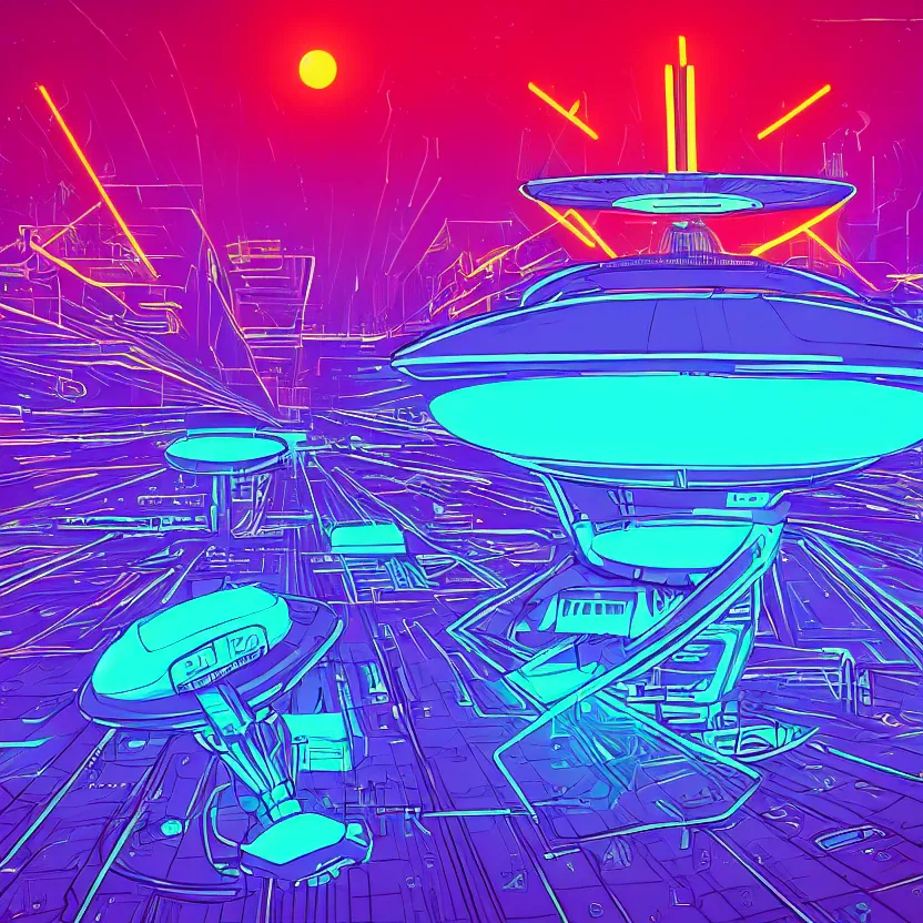 Prompt: a ufo with neon lines, epic retrowave art, trending on art station