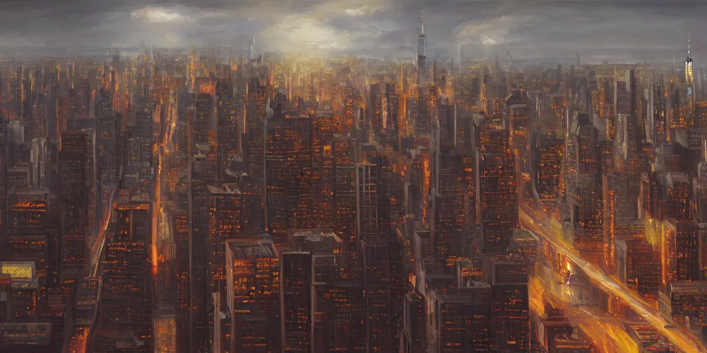 Image similar to NYC in the distant future, cinematic lighting, detailed oil painting, hyperrealistic, 8k