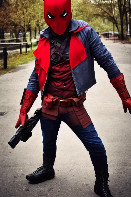 Prompt: red hood cosplay, cellphone picture