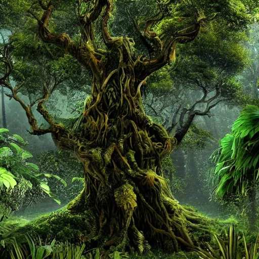 Prompt: horrific, spectacular tree in a densely overgrown, sombre jungle, fantasy, dreamlike sunraise, ultra realistic