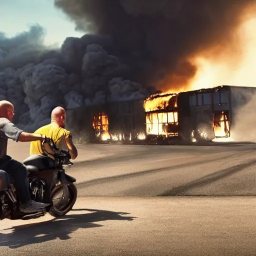 Image similar to photo of walter white and jesse pinkman riding motorcycles with a building on fire behind them, color, cinematic lighting, highly detailed