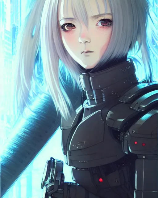 Image similar to portrait Anime girl in cyberpunk armor, cute-fine-face, white-hair pretty face, realistic shaded Perfect face, fine details. Anime. realistic shaded lighting by Ilya Kuvshinov katsuhiro otomo ghost-in-the-shell, magali villeneuve, artgerm, rutkowski, WLOP Jeremy Lipkin and Giuseppe Dangelico Pino and Michael Garmash and Rob Rey