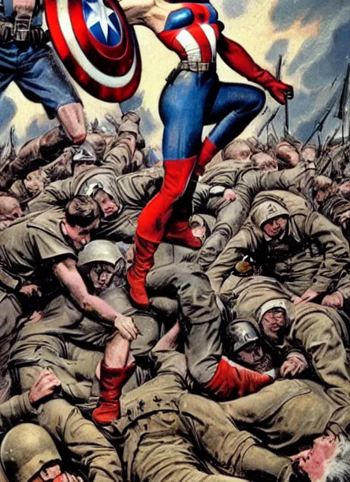 Image similar to beautiful female captain america standing on a pile of defeated german soldiers. feminist captain america wins wwii. american wwii propaganda poster by james gurney