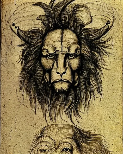 Image similar to a creature with four faces in one, human face, eagle beak, lion mane, two horns on the head, drawn by da vinci. symmetrical