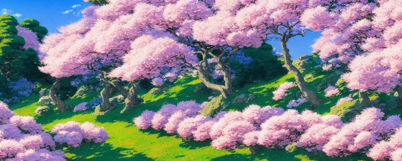 Prompt: ghibli illustrated background of a strikingly beautiful blue sky with puffy white clouds over a lush flowery, rocky, grassy field, with pink cherry blossom by eugene von guerard, ivan shishkin, edward hopper, john singer sargent, 4 k