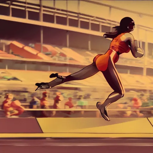 Image similar to Female athlete sprinter in a race with cyborg legs while the audience cheers, vintage footage, 1980's, cinematic stillframe, diesel punk, art deco stadium, artstation, otomo manga, akira