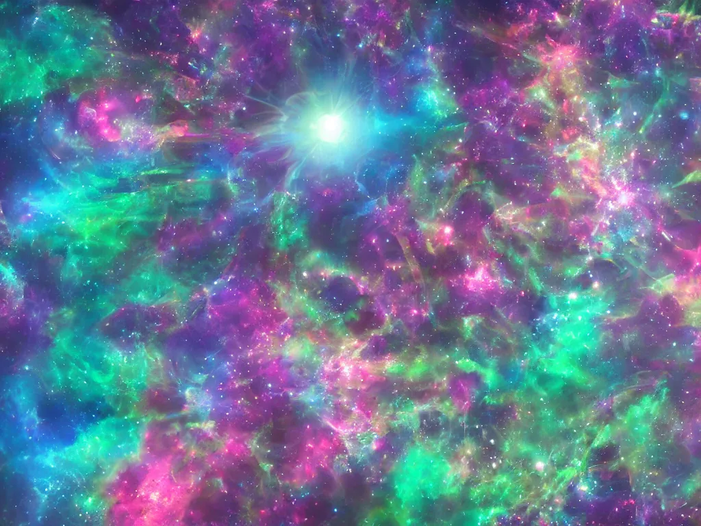 Image similar to mystical colorful cyberpunk planet, abstract nebula green crystal sculpture floating above it, powerful, 4k, photograph, vaporwave