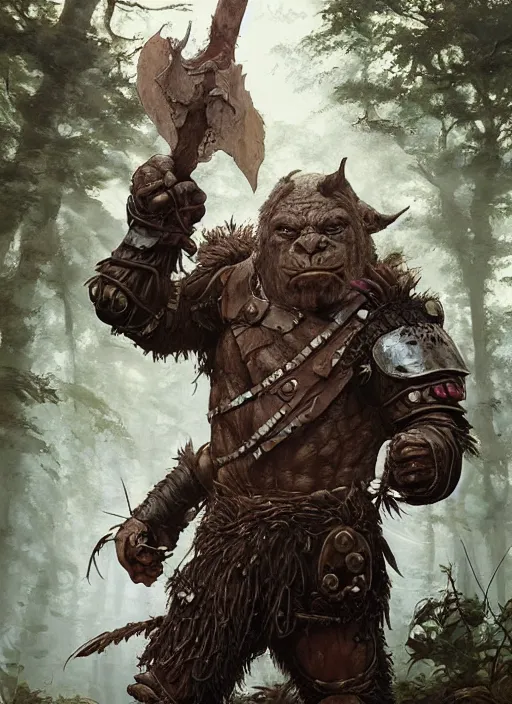 Image similar to a portrait painting of an elder male orc fighter in leather armour on a beautiful lush forest meadow, morning, art by Tristan Eaton, Stanley Artgerm, Tom Bagshaw, Greg Rutkowski, Carne Griffiths