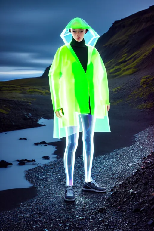 Image similar to an ultra high definition professional high fashion portrait studio full length photograph of a model wearing a transparent pearlescent raincoat and neon visor in an icelandic black rock environment at dawn. no artefacts. extremely detailed. stark. refraction. shallow depth of field. volumetric light and shadow. ray tracing. light rays.