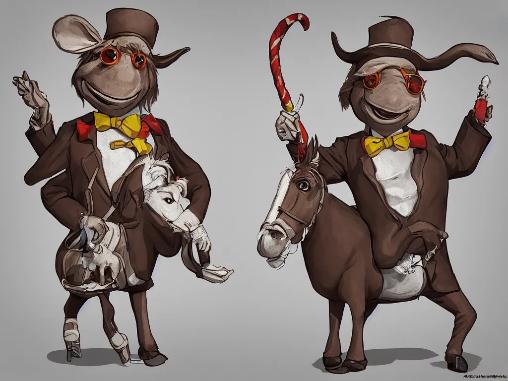Prompt: an anthropomorphic donkey dressed up as Willy Wonka, digital art, trending on artstation, highly detailed
