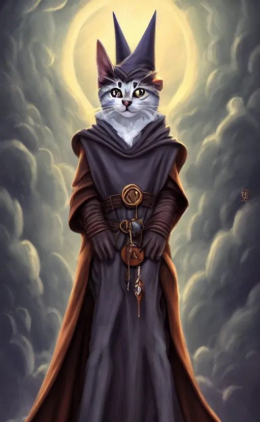 Prompt: matte oil painting of a bipdel cat wearing long wizard robes, anthropomorphic cat wearing a big wizard hat, dnd, character reveal, magic, posing, full body portrait, high resolution, detailed, inspiring, award - winning, clear, crisp, sharp