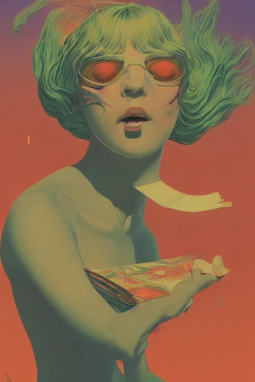 Image similar to a scifi closeup portrait of a young british woman licking a blotter paper of LSD acid on his tongue and dreaming psychedelic hallucinations in cosmos, by kawase hasui, moebius, Edward Hopper and James Gilleard, Zdzislaw Beksinski, Steven Outram colorful flat surreal design, hd, 8k, artstation