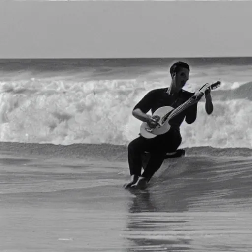 Image similar to 1960s photo of a surfer playing guitar on the waves