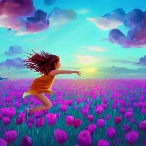 Image similar to giant rose flower head, full body girl running through a flower field, surreal photography, sunrise, dramatic light, impressionist painting, colorful clouds, digital painting, artstation, simon stalenhag