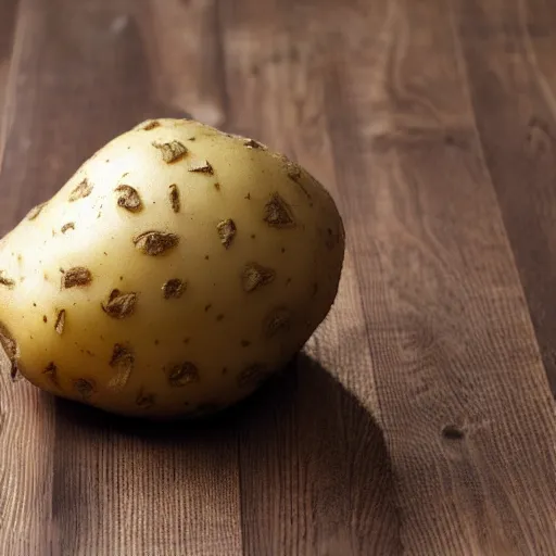 Image similar to potato with face, legs and arms, on a wooden table