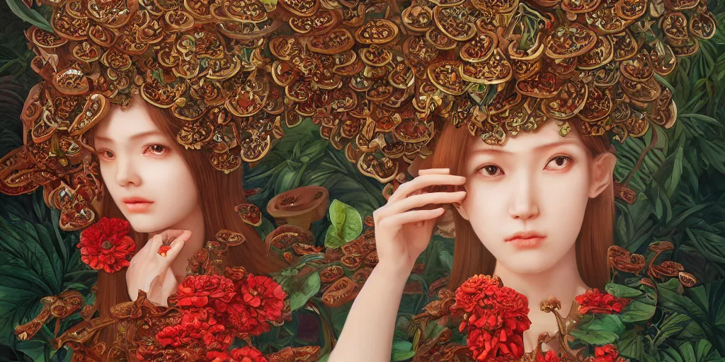 Image similar to breathtaking detailed concept art painting of the goddess of rafflesia arnoldii flowers, orthodox saint, with anxious, piercing eyes, ornate background, amalgamation of leaves and flowers, by Hsiao-Ron Cheng, James jean, Miho Hirano, Hayao Miyazaki, extremely moody lighting, 8K