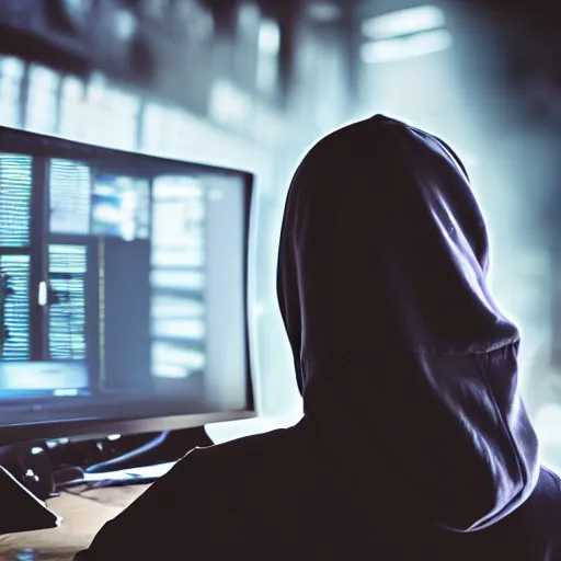 Image similar to realistic photo of hacker, dark background, hood, face doesn't visible, computer, extremely detailed, sharp focus, masterpiece,