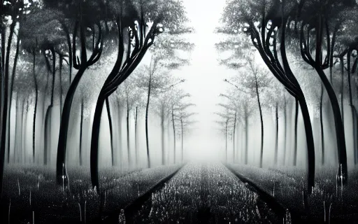 Prompt: black and white drawing of a cyborg forest, trees looks like robots, rim light, cinematic, studio dramatic light, poetic, surreal mythical dreamy dark artistic masterpiece, octane render, 8 k, photo