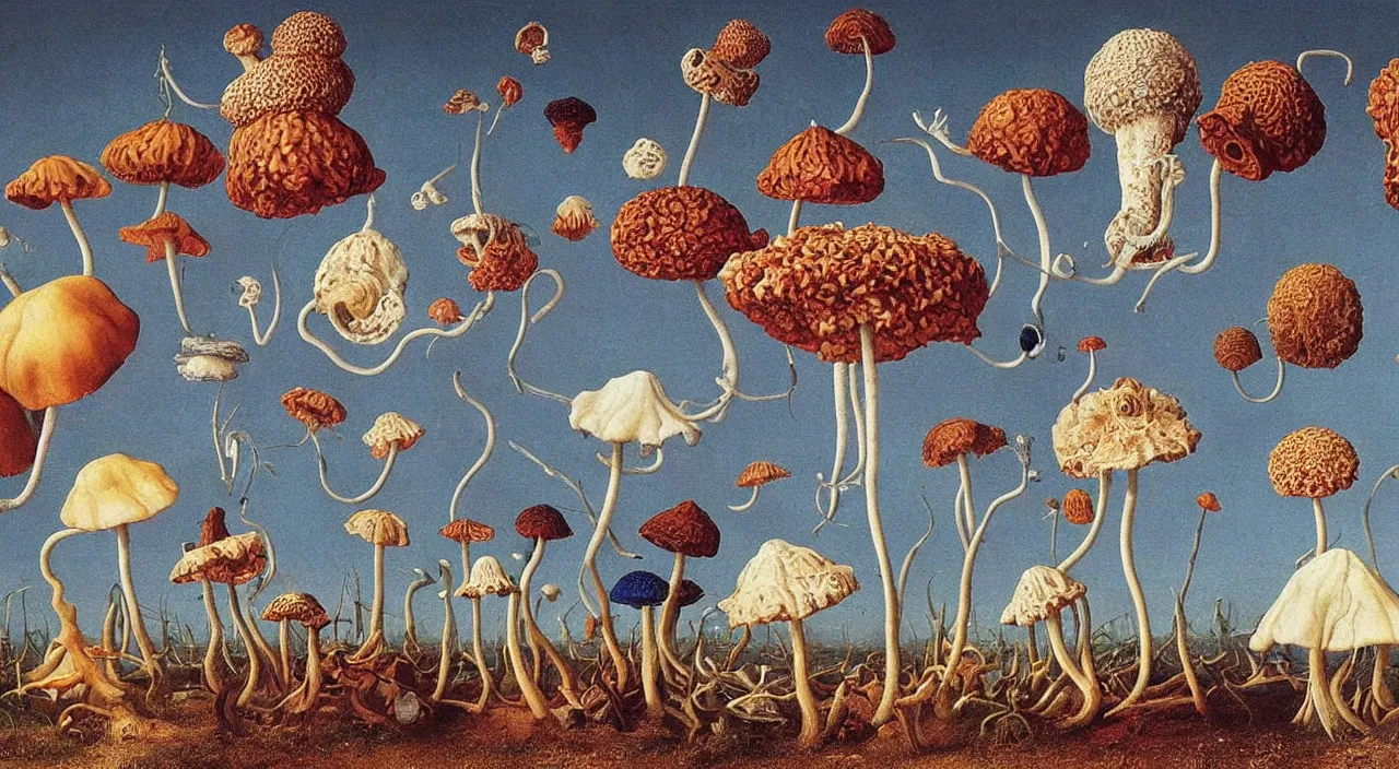 Prompt: a single colorful! ( lovecraftian ) fungus white! clear empty sky, a high contrast!! ultradetailed photorealistic painting by jan van eyck, audubon, rene magritte, agnes pelton, max ernst, walton ford, andreas achenbach, ernst haeckel, hard lighting, masterpiece