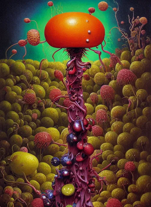 Image similar to hyper detailed Oil painting - I Eat of the Strangling Fruit and My gossamer polyp blossoms bring iridescent fungal flowers whose spores black the foolish stars by Jacek Yerka, Mariusz Lewandowski, Abstract brush strokes, Masterpiece, Edward Hopper and James Gilleard, Zdzislaw Beksinski, Mark Ryden, Wolfgang Lettl, hints of Yayoi Kasuma