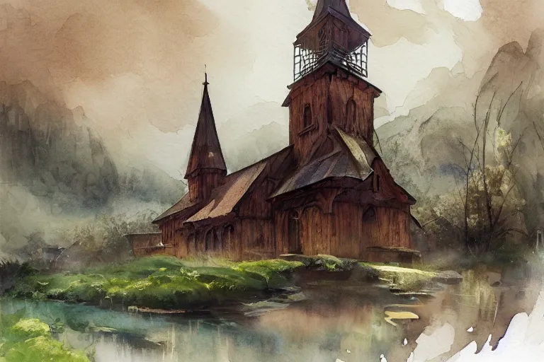 Image similar to small centered on watercolor paper, paint brush strokes, abstract watercolor painting of traditional wooden church tower, viking decor, translucent leaves, cinematic light, national romanticism by hans dahl, by jesper ejsing, by anders zorn, by greg rutkowski, by greg manchess, by tyler edlin