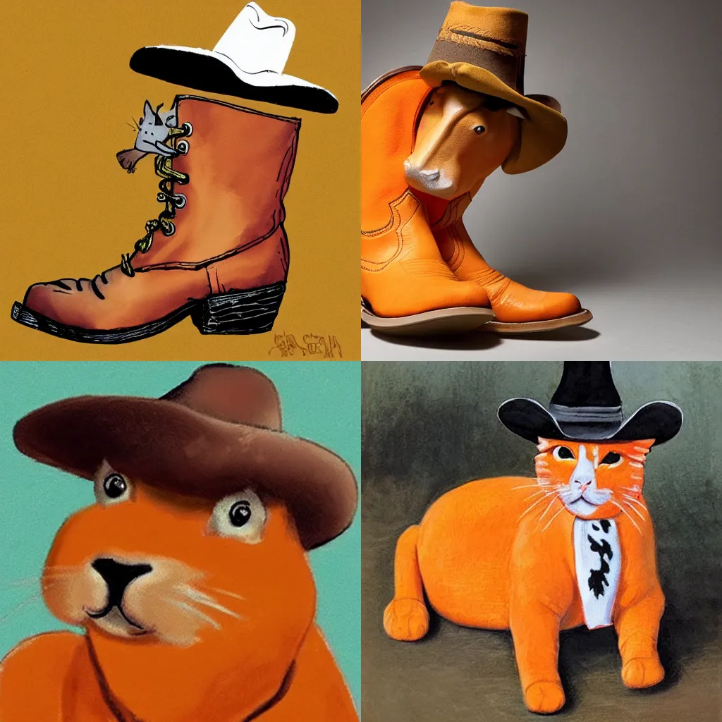 Prompt: an orange cat wearing cow boy boots and a musketeer hat