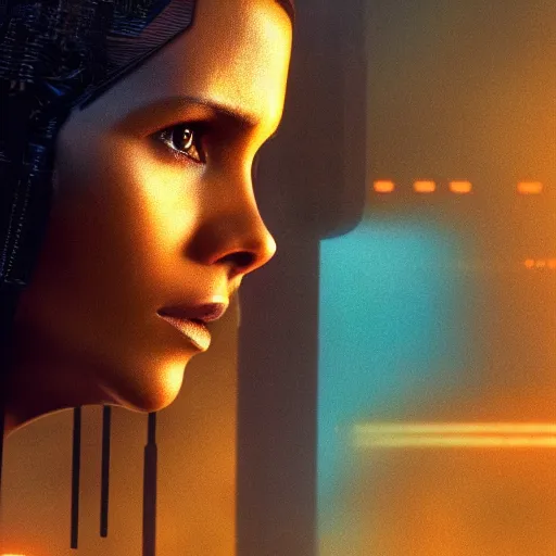 Prompt: beautiful Fine art photo of a young Halle Berry as a cyberpunk mayan robotic godess, photorealistic, centered, highly detailed, sun lighting, in the movie Blade Runner 2049, 8k