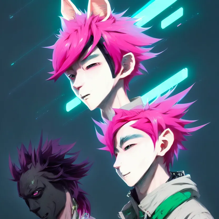 Image similar to a beautiful portrait of a handsome anime male boy with pink hair and pink wolf ears and green eyes wearing cyberpunk clothes. character design by cory loftis, fenghua zhong, ryohei hase, ismail inceoglu and ruan jia. artstation, volumetric light, detailed, photorealistic, fantasy, rendered in octane