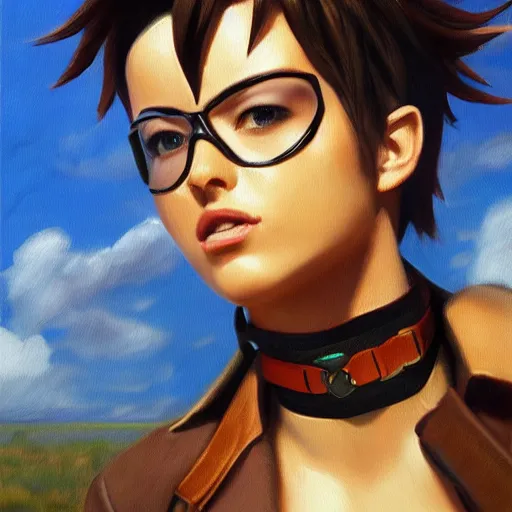 Image similar to oil painting of tracer overwatch in a field wearing large leather belt choker collar around neck, in style of mark arian, expressive face, detailed face, detailed eyes, full body, feminine face, tracer overwatch,