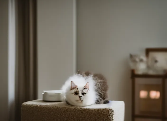 Prompt: 5 5 mm photo of a fluffy cat stuffed in a glass jar on a counter top in the living room. fantasy magic style. highly detailed 8 k. intricate. lifelike. soft light. sony a 7 r iv 5 5 mm. cinematic post - processing