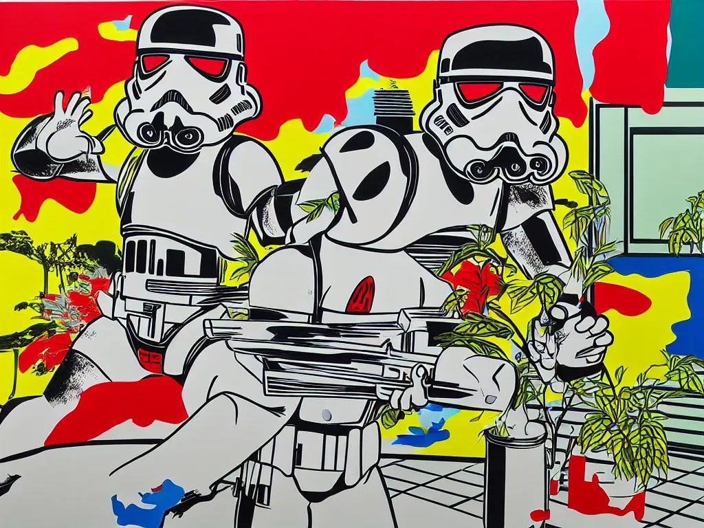 Prompt: hyperrealism composition of the asian home with a garden, detailed stormtrooper in hot springs, pop - art style, jacky tsai style, andy warhol style, roy lichtenstein, acrylic on canvas