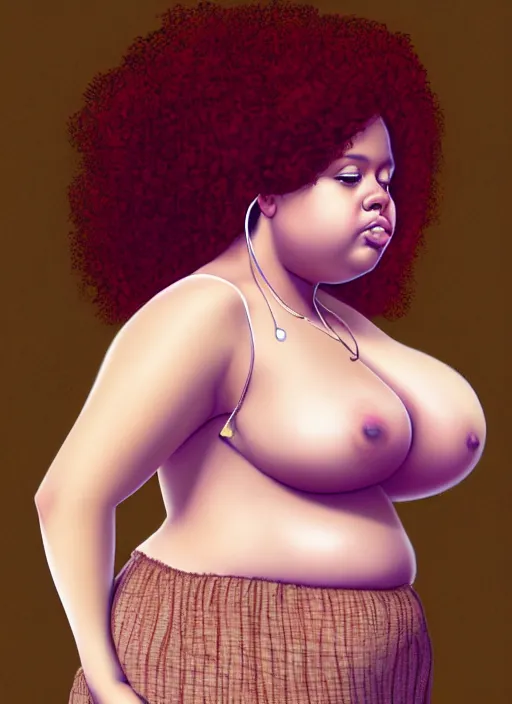 Image similar to full body portrait, teenage vanessa morgan, pink hair, brown skin, obese, curly pixie hair, sultry, realistic, short hair, hoop earrings, skirt, shirt, fat, belly, intricate, elegant, highly detailed, digital painting, artstation, concept art, smooth, sharp focus, illustration, art by wlop, mars ravelo and greg rutkowski